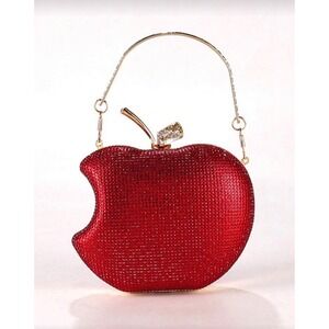 Red Rhinestone Apple Shaped Evening Clutch Bag Bitten Apple Novelty Purse Red